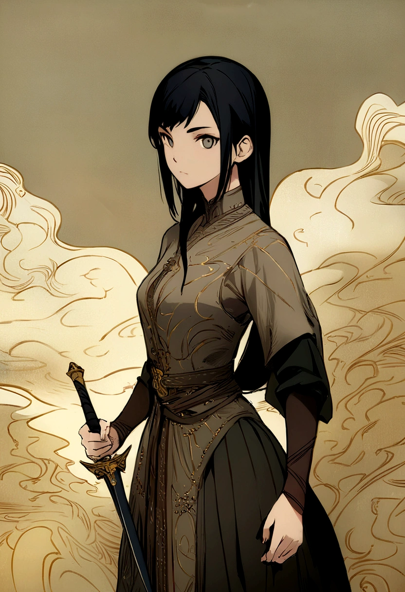 Absurd resolution, high resolution, (work of art: 1.4), ultra detali, concept art of a girl, with long black hair, using a dagger as a weapon, warrior and with simple clothes, gray eyes
