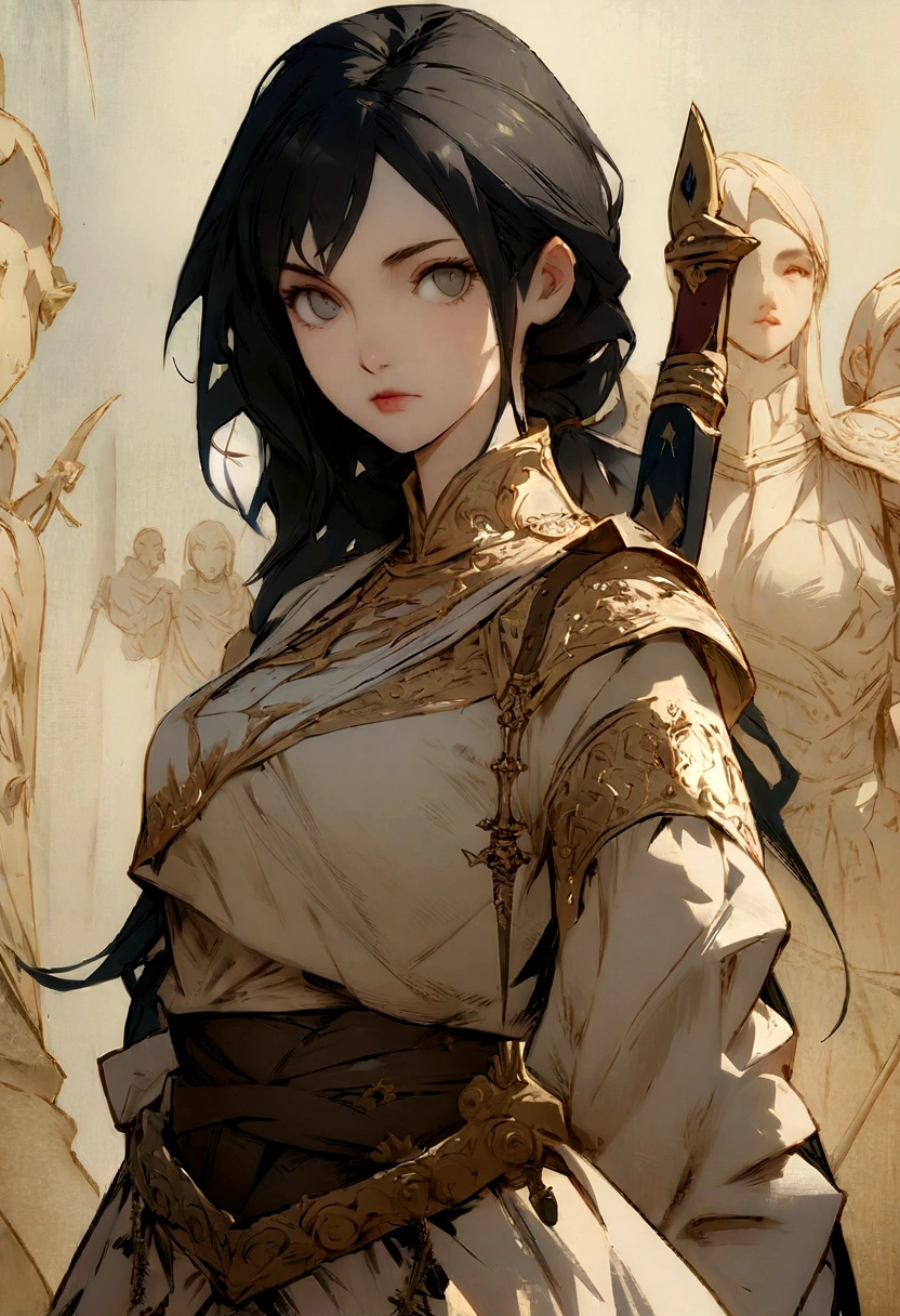 Absurd resolution, high resolution, (work of art: 1.4), ultra detali, concept art of a girl, with long black hair, using a dagger as a weapon, warrior and with simple clothes, gray eyes