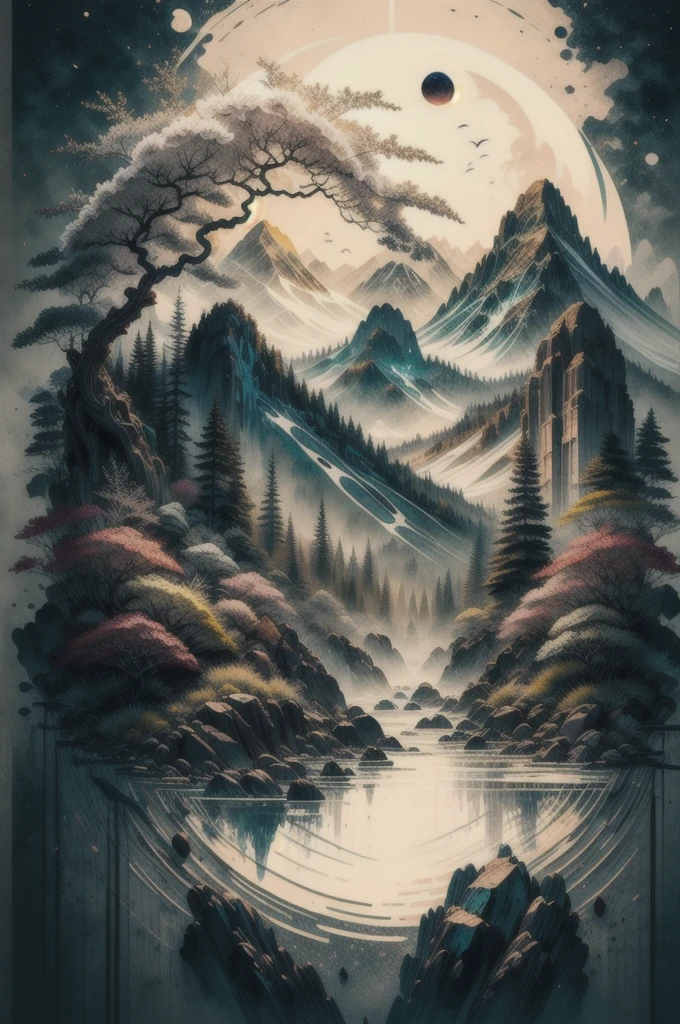 Nordic tree-shaped solitaire,Flat style, abstract artistic,Graphic design,symmetry, Math, Renaissance, Oil painting, 2D canvas, highly detailed, complex, Classic paint, Black monochrome, crystals, opulent, lap, gothic ornament, Graphic design