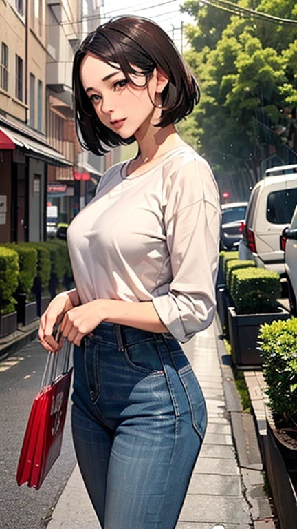 1 Woman, Japanese Woman,(Housewife:1.5),(40 Years Old:1.68),(Attractive Mature Woman:1.66),(Middle Age:1.78),(Small Round Face:1,69),(small breasts:1.5),((graduated haircut)),(cutter shirts, jeans),(((Cities, streets, trees, sidewalks))),((heavy rain)),(Umbrellas, umbrellaing)