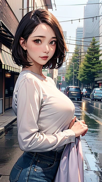 1 Woman, Japanese Woman,(Housewife:1.5),(40 Years Old:1.68),(Attractive Mature Woman:1.66),(Middle Age:1.78),(Small Round Face:1,69),(small breasts:1.5),((graduated haircut)),(cutter shirts, jeans),(((Cities, streets, trees, sidewalks))),((heavy rain)),(Umbrellas, umbrellaing)