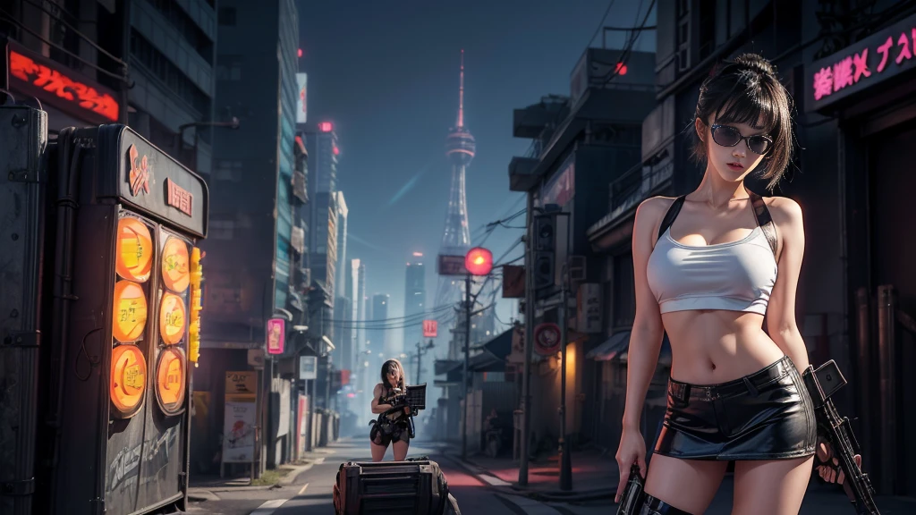 8k, Realistic Skin Texture, Realistic Photo, Neo Tokyo, slim Japanese women, large-breast:1.3 cleavage:1.2, AD2050 at night, Dirty hunting jacket, Wearing tube top, miniskirt, (((black sunglasses, automatic rifle, sneakers, cold, shooting pose, low angle view))), Innovative composition, revenge, cyberpunk, blade runner worldview, Large neon sign, Geisha hologram sign, Strong Wakamoto Sign.