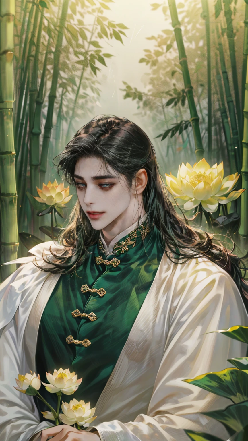 (((best quality))),masterpiece,ultra high resolution,extraordinarily beautiful youth, a bright, innocent smile,All green clothing,(absurdres, highres, ultra detailed, HDR), masterpiece, best quality, (1 boy) ,(((1 male,1 men,only one boy,perfect body, fair skin,sexy boy))),((boy 20 year old, green hanfu,green clothing, Chinese shirt style)) ,boy character ,((Thick black long hair)),beautiful face,detailed interior, detailed character,((man)),(in bamboo forest), black hair, smile,(white lotus),from anime The Scum Villain's Self Saving System,1man,the house of ancient China style, pure white lotus,beautiful and cute man ,(long black hair),black eyes,((solo man)),(he has a Big eyes, charming lips, slim nose and small face),(slim figures and no muscle),fragile body, ((skinny man, slander shape,slim figures))