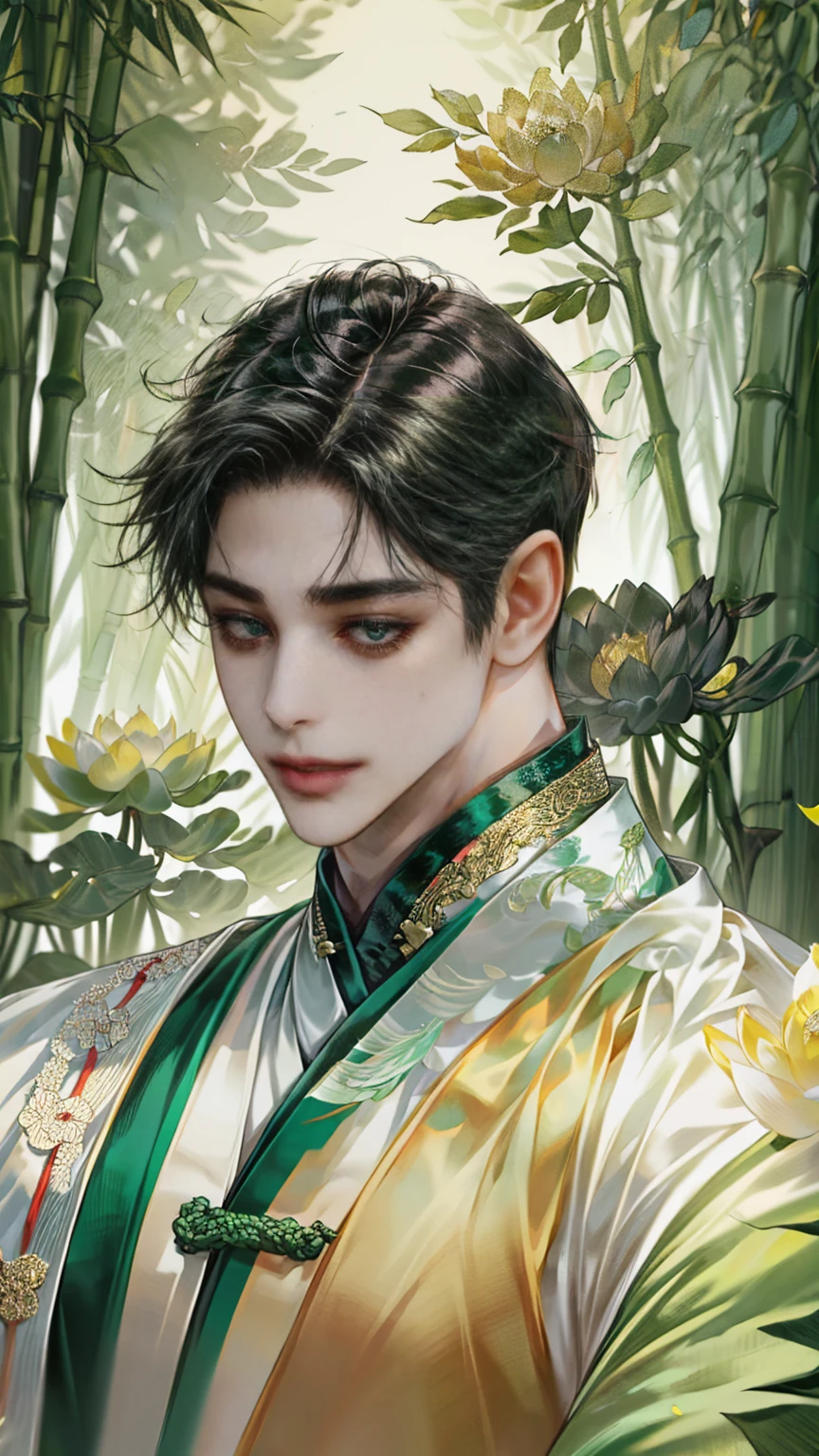 (((best quality))),masterpiece,ultra high resolution,extraordinarily beautiful youth, a bright, innocent smile,All green clothing,(absurdres, highres, ultra detailed, HDR), masterpiece, best quality, (1 boy) ,(((1 male,1 men,only one boy,perfect body, fair skin,sexy boy))),((boy 20 year old, green hanfu,green clothing, Chinese shirt style)) ,boy character ,((Thick black long hair)),beautiful face,detailed interior, detailed character,((man)),(in bamboo forest), black hair, smile,(white lotus),from anime The Scum Villain's Self Saving System,1man,the house of ancient China style, pure white lotus,beautiful and cute man ,(long black hair),black eyes,((solo man)),(he has a Big eyes, charming lips, slim nose and small face),(slim figures and no muscle),fragile body, ((skinny man, slander shape,slim figures))