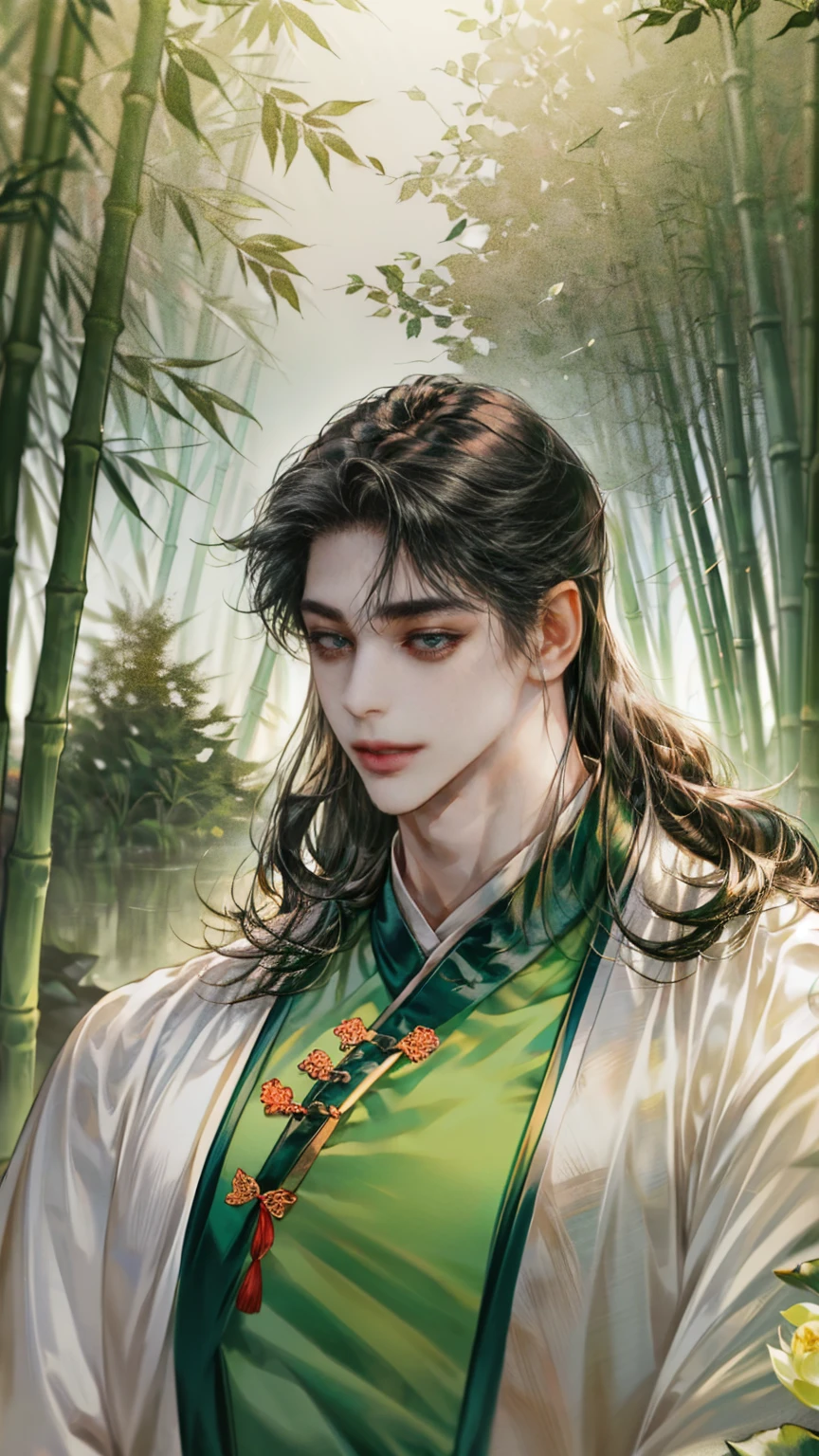 (((best quality))),masterpiece,ultra high resolution,extraordinarily beautiful youth, a bright, innocent smile,All green clothing,(absurdres, highres, ultra detailed, HDR), masterpiece, best quality, (1 boy) ,(((1 male,1 men,only one boy,perfect body, fair skin,sexy boy))),((boy 20 year old, green hanfu,green clothing, Chinese shirt style)) ,boy character ,((Thick black long hair)),beautiful face,detailed interior, detailed character,((man)),(in bamboo forest), black hair, smile,(white lotus),from anime The Scum Villain's Self Saving System,1man,the house of ancient China style, pure white lotus,beautiful and cute man ,(long black hair),black eyes,((solo man)),(he has a Big eyes, charming lips, slim nose and small face),(slim figures and no muscle),fragile body, ((skinny man, slander shape,slim figures))