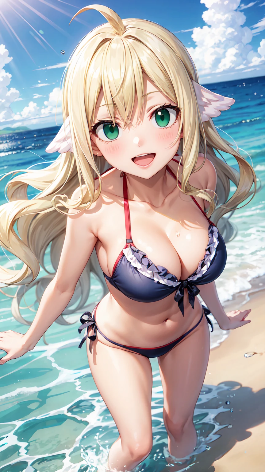 Masterpiece ,best quality , high resolution , (1 girl solo:1.38) , (mavis , long hair, blonde hair, (green eyes:1.5), ahoge, wavy hair) , (cleavage:1.2) , (medium breast:1.28) , (wear , bikini , strong wind , big wing , head tilt ) , (cleavage:1.15) , (big breast:1.1) , (face view , look at view , smile , open mouth) , (standing) , (outdoor , in water , droplet , in sea , ocean , beach)