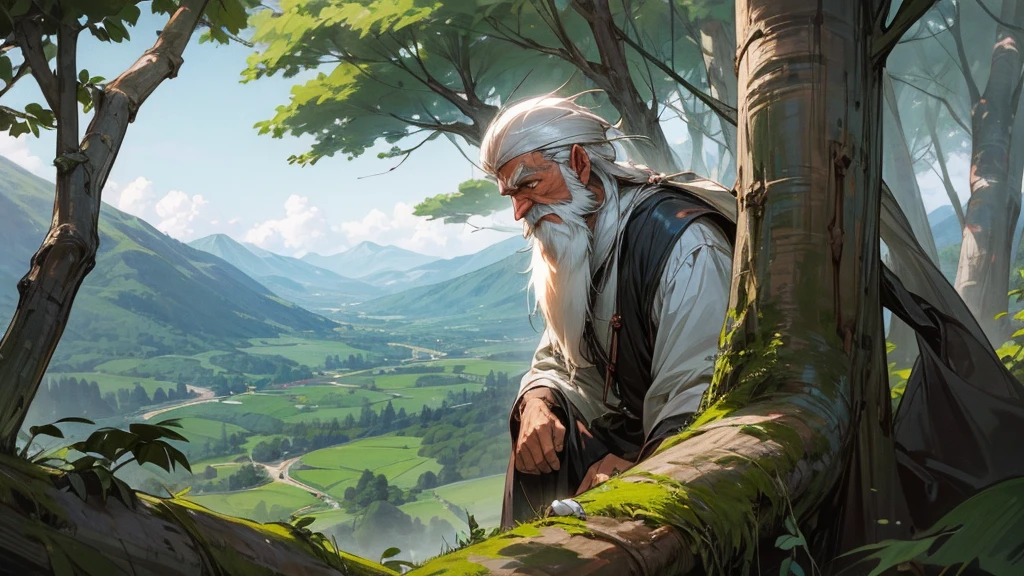 alone old grandfather, lives in forests, mountains, white hair and beard, berpakaian putih