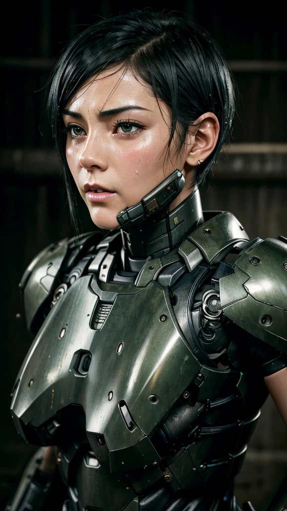Textured skin, Very detailed, Attention to detail, high quality, 最high quality, High resolution, 1080P, hard disk, beautiful,(War Machine),beautifulサイボーグ女性,Mecha Cyborg Girl,Battle Mode,Girl with a mechanical body　Black Hair　Short Hair Boyish　Dark green armor　Sweaty and wet face　Change is over　Met Off　Steam coming out of the head　Steam coming out of the whole body　Painful expression　Please open your mouth wide　Snug-fitting headgear　Black inner suit　Full body portrait　from the front