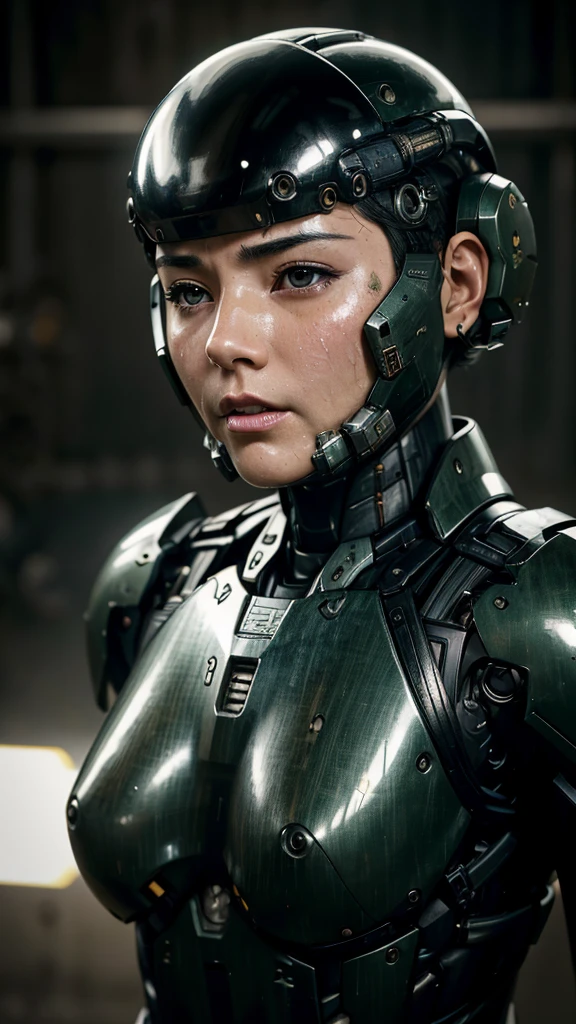 Textured skin, Very detailed, Attention to detail, high quality, 最high quality, High resolution, 1080P, hard disk, beautiful,(War Machine),beautifulサイボーグ女性,Mecha Cyborg Girl,Battle Mode,Girl with a mechanical body　Black Hair　Short Hair Boyish　Dark green armor　Sweaty and wet face　Change is over　Met Off　Steam coming out of the head　Steam coming out of the whole body　Painful expression　Please open your mouth wide　Snug-fitting headgear　Black inner suit　Full body portrait　from the front