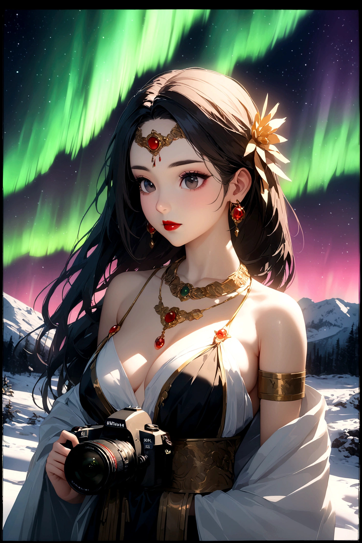 1 beautiful girl wearing ancient costumes, ((pink and light white outfit: 0.8)), Long and silky black hair, hair jewelry and necklaces, Beautiful little face Thin eyebrows, the most beautiful and spotless face, the very beautiful eyes, big round black eyes, fine and detailed makeup eyelashes, High nose, wearing earrings,Small red lips, rosy face, Enlarged and round breasts, tight breasts, breast augmentation, Slim and body, slim waist, portrait of a beautiful girl, 8k photo, super high quality, super realistic, 10x super pixels, photo realistic, dark studio, border light, two tone light, (detailed skin) high: 1.2), 8k uhd, dslr, soft light, high quality, volumetric light, candid, Photo, high resolution, 4k quality, 8k, Bokeh, Smooth and sharp, pixel up 10 times, (background space: 1.8), (galaxy: 1.7), aurora, lightning, (Aurora Background: 1.8), upper body, alone, solo,