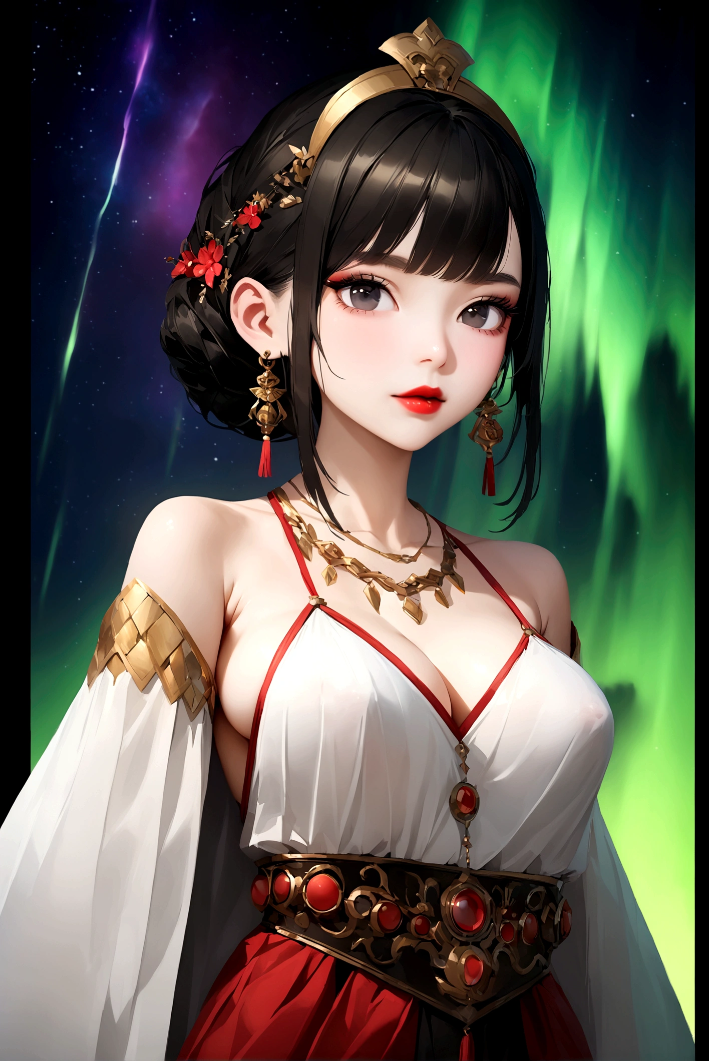 1 beautiful girl wearing ancient costumes, ((pink and light white outfit: 0.8)), Long and silky black hair, hair jewelry and necklaces, Beautiful little face Thin eyebrows, the most beautiful and spotless face, the very beautiful eyes, big round black eyes, fine and detailed makeup eyelashes, High nose, wearing earrings,Small red lips, rosy face, Enlarged and round breasts, tight breasts, breast augmentation, Slim and body, slim waist, portrait of a beautiful girl, 8k photo, super high quality, super realistic, 10x super pixels, photo realistic, dark studio, border light, two tone light, (detailed skin) high: 1.2), 8k uhd, dslr, soft light, high quality, volumetric light, candid, Photo, high resolution, 4k quality, 8k, Bokeh, Smooth and sharp, pixel up 10 times, (background space: 1.8), (galaxy: 1.7), aurora, lightning, (Aurora Background: 1.8), upper body, alone, solo,