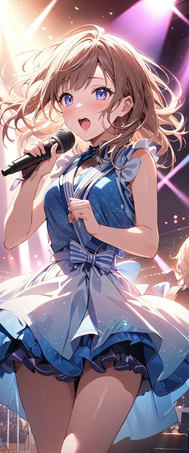 ((best quality)), ((masterpiece)), (detailed face and eyes), detailed hands and fingers, perfect face, accurate, textured skin, high details, Japanese idol singer, concert venue, in the spotlight, Holding a microphone and singing, Many colored rays, Singing, enthusiasm, cheers, Sleeveless dress