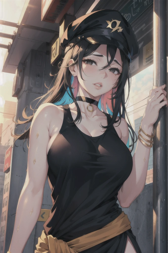 highres, highest quallity, illustration,  ultra detailed, (detailed face), (detailed eyes), soft lighting, best quality, hazy glow, dreamy atmosphere, hyper detailed, masterpiece, 1girl, solo,black long hair, (black eyes:1.2), (white tank top:1.0), luminous eyes, large breasts, (colorful),from below, outdoors, clouds, tall buildings in background, industrial, public transportation, urban, concrete, sidewalk,summer, black Dhaka topi,black choker, silver bracelet,(ecstasy:1.3) ,(slut:1.2),(vulgarity:1.3),(fucked silly:1.1),(wet:0.8),(drooling:0.6),(sweat:0.8) ,(parted lips:1.3),(harf open eyes:1.4),backlighting, Radiant Sunset, Golden Embrace, Vibrant Twilight, Ablaze in Colors, Serenading Sun, bedroom eyes, romantic, looking pleasured, open smile