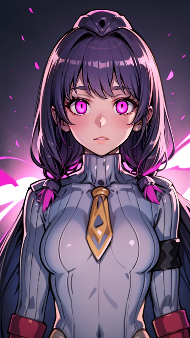 1 girl, NSFW, collarbone, absurd, brainwashed, combatant, hollow eyes, ((purple glowing eyes 1.5))( big breasts ), expressionless, emotion removed, ((black shadow suit)), looking away, full body shape, ((standing up, saluting)), (highest quality, 4k, 8K, high resolution, required:1.2), ultra detailed, (real, it looks real, looks real:1.37), ticker, hyper hd, studio lighting, ultra fine paint, sharp focus, physically based rendering, extreme detail, professional, vividness and color, blurry, sports portrait, landscape, horror style, anime big breasts, sci-fi, photography, concept artist, five fingers, perfect body, {{{masterpiece}}}, {{{best quality}}}, {{ultra detailed}}, {{shape}, {{very delicate and beautiful}}, value for money, all roles, Canon 5D  MK4 Photo, Photo, Magical Girl