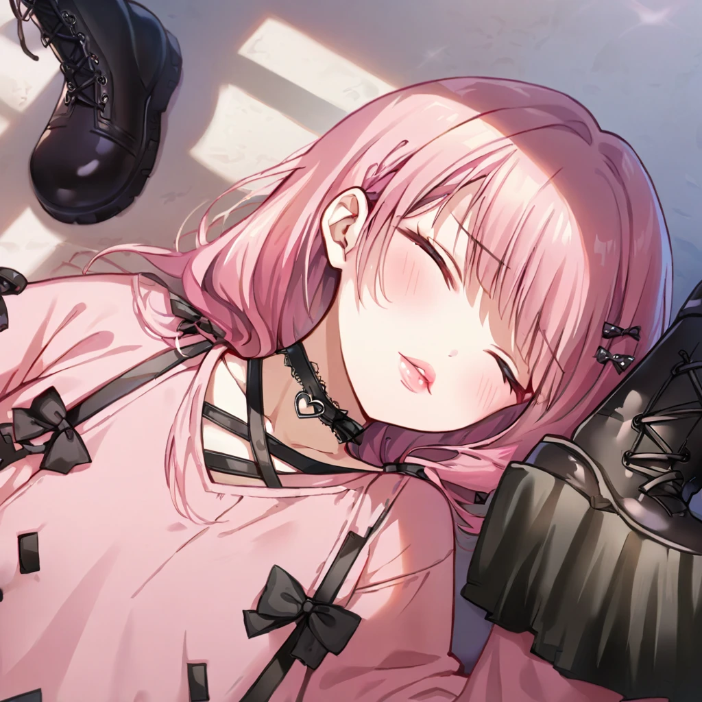 a masterpiece, beautiful eyes, a beautiful face, beautiful depiction, details, ultra detailed, 8K,kawaii, mesugaki, fangs, 
light atmosphere, (Cute a girl:1.5), (a girl with closs hair pin,
pink shirt,cosplay, jirai kei, bangs, black skirt, black bow, looking at viewer, bow, long sleeves, choker, ribbon,pink lips,Thick-soled boots,portrait  shot :1.4),boots focus,
(masterpiece:1.3), anime visual, (Lovey-dovey:1.5), (tilt head:1.3), extremely delicate face, soft clean focus, realistic lighting and shading, (an extremely delicate and beautiful art:1.3),
The girl closes her eyes and shouts,