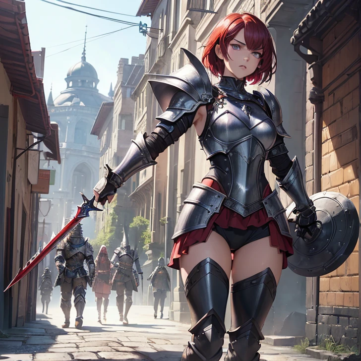 (absurdres, high fantasy artwork, best high quality image, carefuly detailed, very detailed features and textures)
{{1character: 17 years old barbarian girl, (her appearance: scarlet red short hair, purple eyes with black pupils, very thin lips, white skin), (she wears: full bulky heavy knight armor, full bulky shoulder plates, full armored bulky armored breast plate armor, full gauntlets plates, full armored elbow plates, full armored hip plates, full plate boots), (her weapon: big broad sword), (she looks: Confident pose, very serious face, no sense of humor), (Scenery: medieval irish street celtic forniture)}}