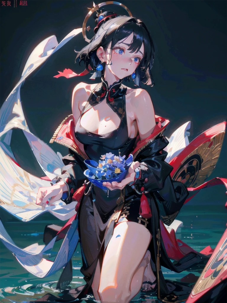 absurdres, RAW photo, extremely delicate and beautiful, masterpiece, Best Quality, ultra high resolution, 32k, hyperrealistic, ultra-detailed, in her 20s, delicate facial features, tearful mole, earring, medium breasts, full body shot, shorter middle hair, black hair, jiangshi,