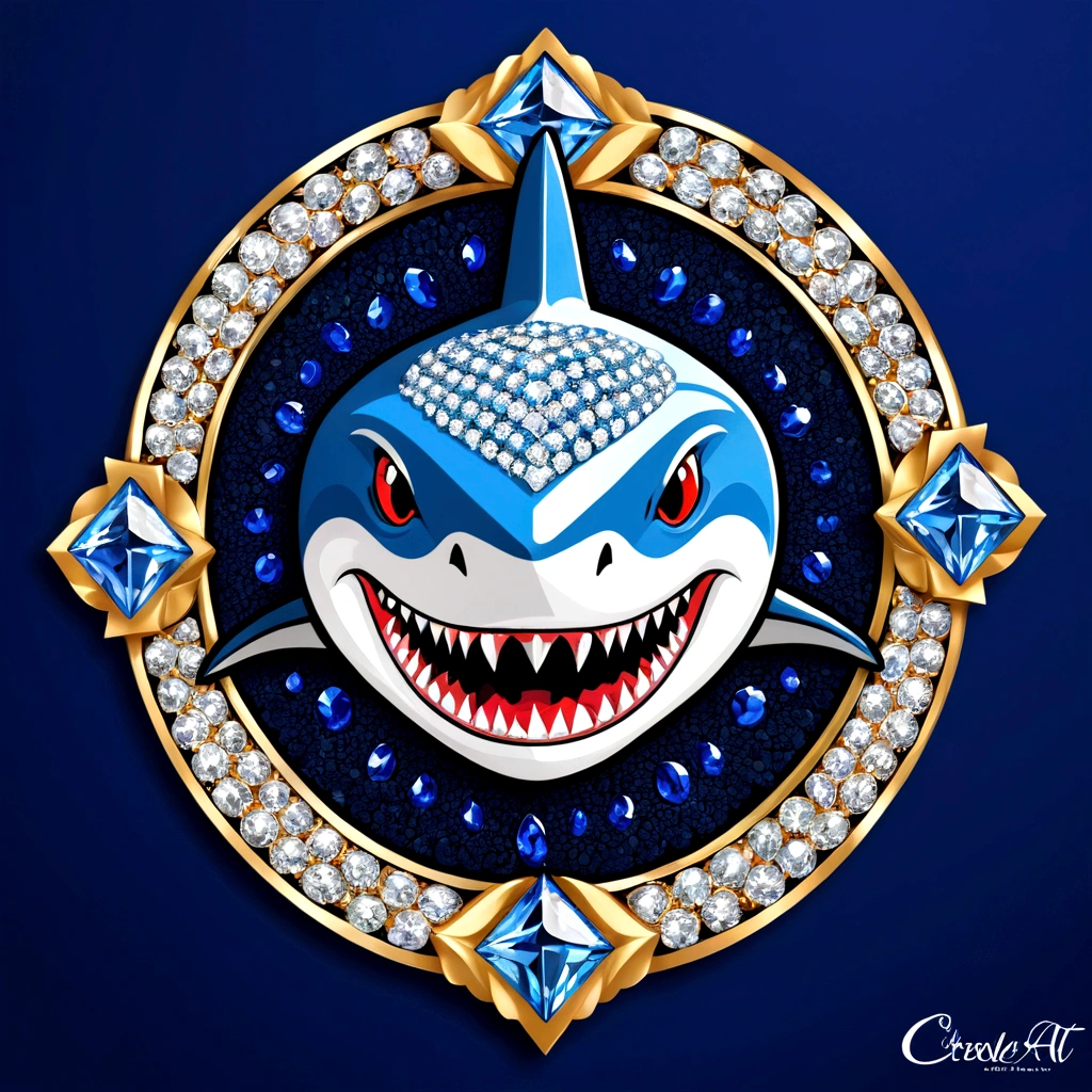 The elegant logo is written ("creole art GP") Diamant, ("creole art GP") segurando um Diamant brilhante acima da vista frontal estilo retrato de sua cabeça, shark face, Diamant brilhante, dark blue. Farbe. 
