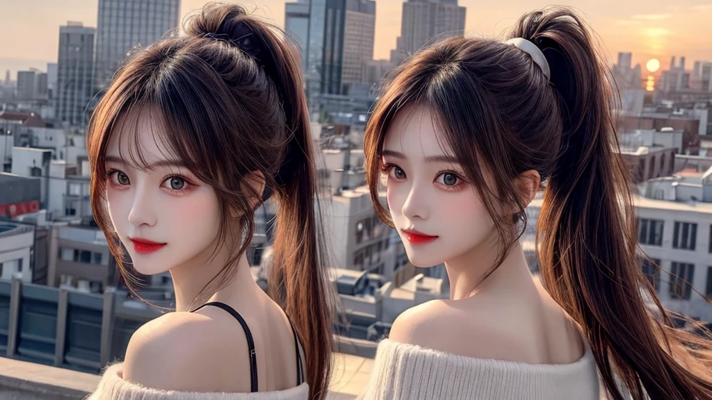 1 beautiful sweet girl,fluffy off shoulder crop top, wind, straight long hair, high ponytail, sunset, city scape, (Aesthetics and atmosphere:1.2),Detailed, realistic faces