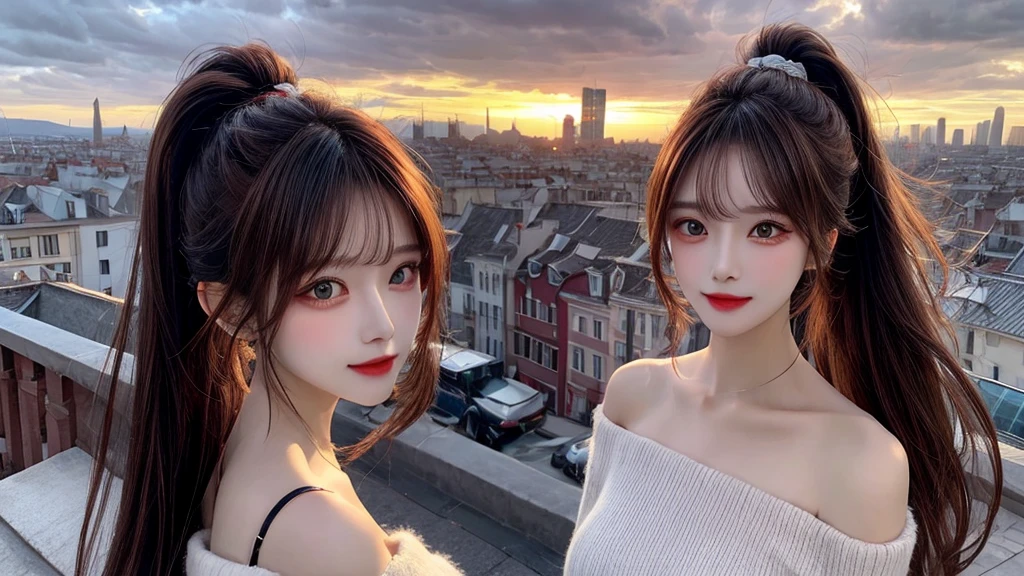 1 beautiful sweet girl,fluffy off shoulder crop top, wind, straight long hair, high ponytail, sunset, city scape, (Aesthetics and atmosphere:1.2),Detailed, realistic faces