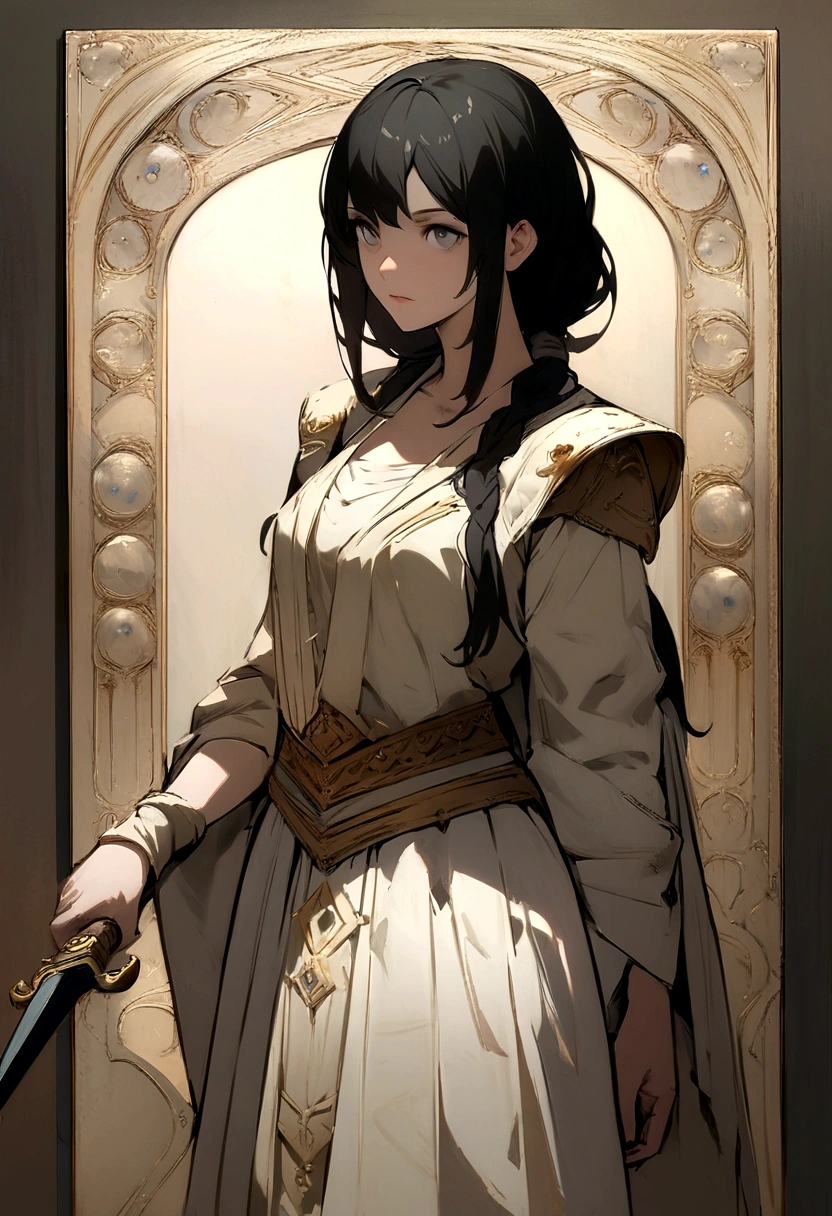Absurd resolution, high resolution, (work of art: 1.4), ultra detali, concept art of a girl, with long black hair, using a dagger as a weapon, warrior and with simple clothes, gray eyes all over