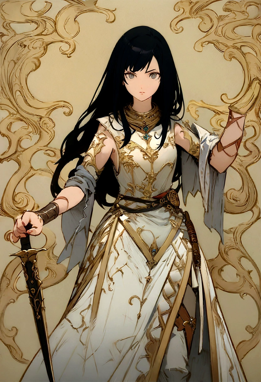Absurd resolution, high resolution, (work of art: 1.4), ultra detali, concept art of a girl, with long black hair, using a dagger as a weapon, warrior and with simple clothes, gray eyes all over