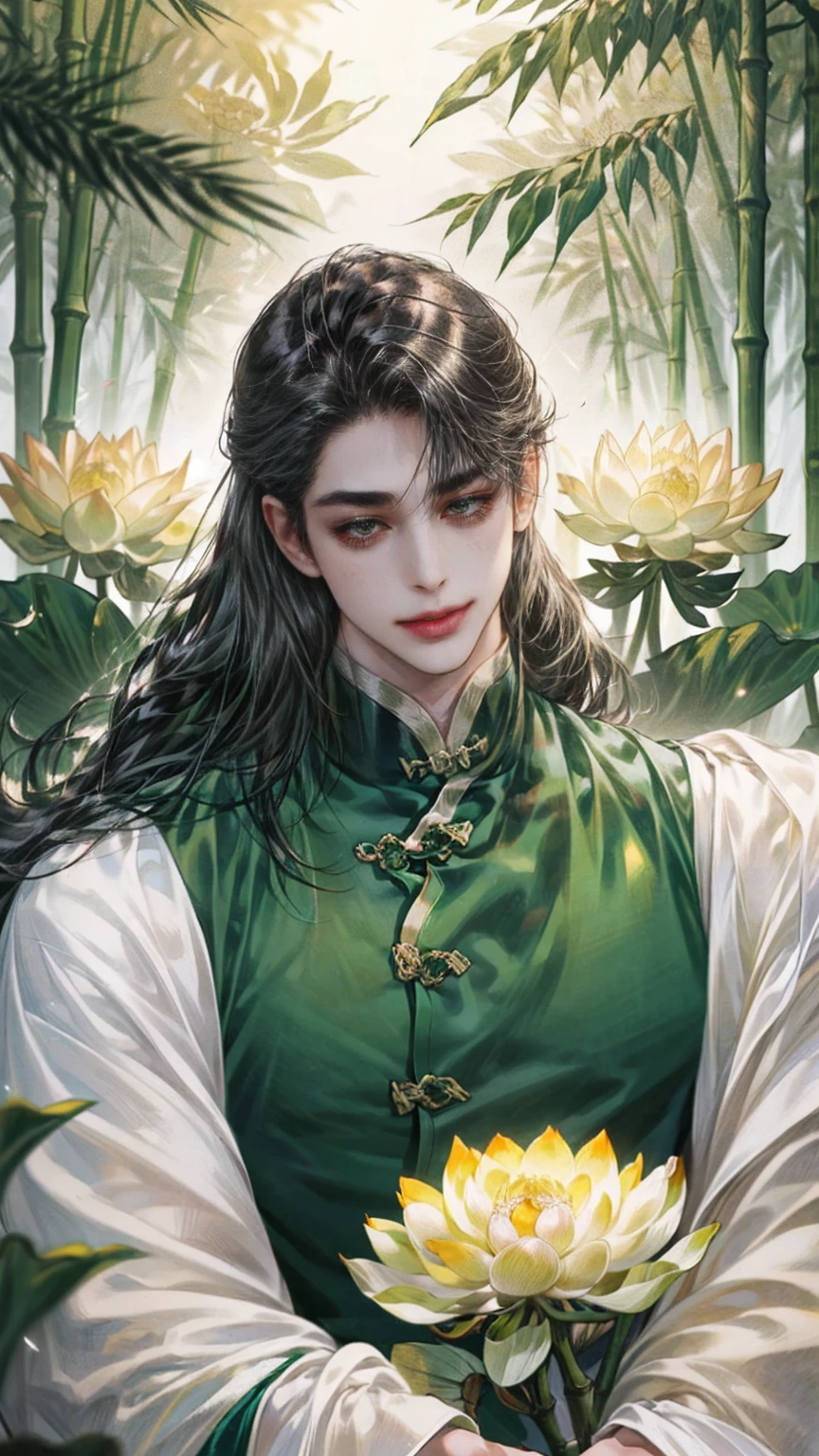 (((best quality))),masterpiece,ultra high resolution,extraordinarily beautiful youth, a bright, innocent smile,All green clothing,(absurdres, highres, ultra detailed, HDR), masterpiece, best quality, (1 boy) ,(((1 male,1 men,only one boy,perfect body, fair skin,sexy boy))),((boy 20 year old, green hanfu,green clothing, Chinese shirt style)) ,boy character ,((Thick black long hair)),beautiful face,detailed interior, detailed character,((man)),(in bamboo forest), black hair, smile,(white lotus),from anime The Scum Villain's Self Saving System,1man,the house of ancient China style, pure white lotus,beautiful and cute man ,(long black hair),black eyes,((solo man)),(he has a Big eyes, charming lips, slim nose and small face),(slim figures and no muscle),fragile body, slender body, skinny boy