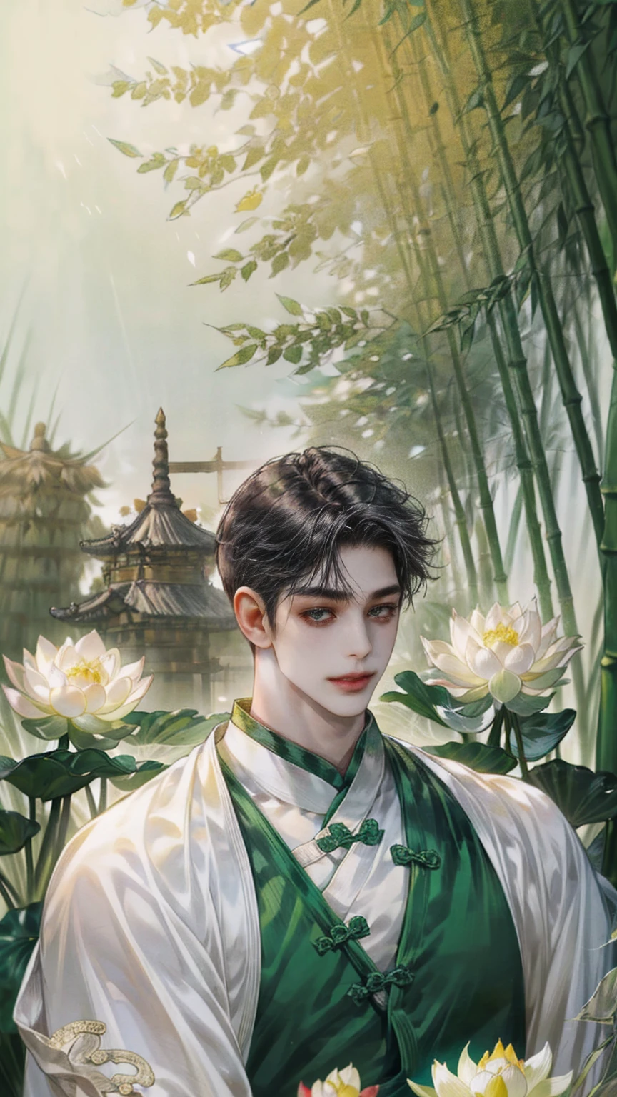 (((best quality))),masterpiece,ultra high resolution,extraordinarily beautiful youth, a bright, innocent smile,All green clothing,(absurdres, highres, ultra detailed, HDR), masterpiece, best quality, (1 boy) ,(((1 male,1 men,only one boy,perfect body, fair skin,sexy boy))),((boy 20 year old, green hanfu,green clothing, Chinese shirt style)) ,boy character ,((Thick black long hair)),beautiful face,detailed interior, detailed character,((man)),(in bamboo forest), black hair, smile,(white lotus),from anime The Scum Villain's Self Saving System,1man,the house of ancient China style, pure white lotus,beautiful and cute man ,(long black hair),black eyes,((solo man)),(he has a Big eyes, charming lips, slim nose and small face),(slim figures and no muscle),fragile body, slender body, skinny boy