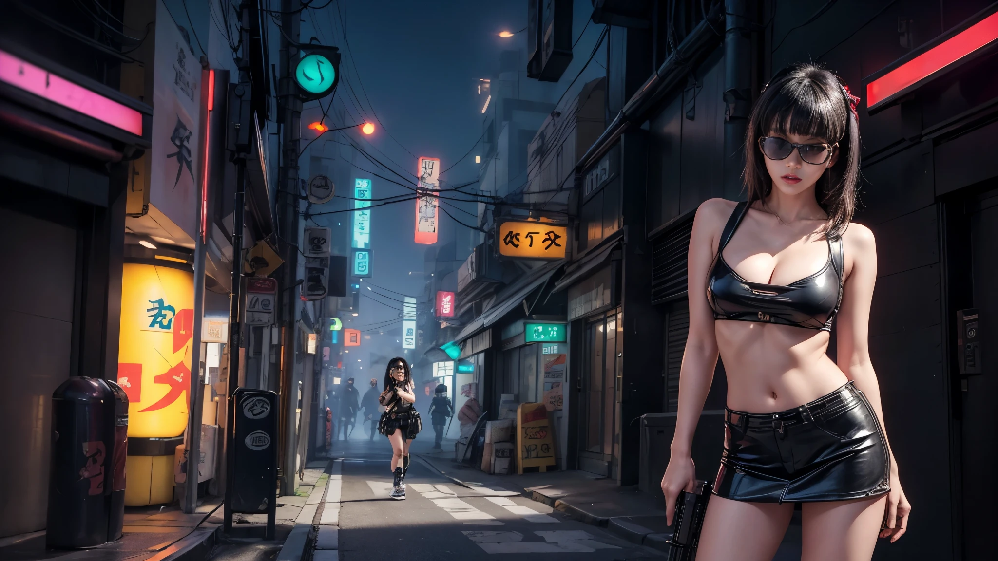 8k, Realistic Skin Texture, Realistic Photo, Neo Tokyo, slim Japanese women, large-breast:1.3 cleavage:1.2, AD2050 at night, Dirty hunting jacket, Wearing tube top, miniskirt, (((black sunglasses, automatic rifle, sneakers, cold, shooting pose, low angle view))), Innovative composition, revenge, cyberpunk, blade runner worldview, Large neon sign, Geisha hologram sign, Strong Wakamoto Sign.