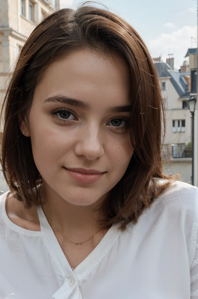Photographie de 1 superbe fille de 23 ans, type brésilien blanc, cheveux bruns longs ,à paris sur une terrasse, Portrait photographique, Souriant, Regarder à huis clos , Éclairage spectaculaire, magnifique, (clivage profond), Séance photo, occidental, meilleur qualité, résolution élevée, Contexte extrêmement détaillé, peau avec pores, éclairage cinématographique Terminé