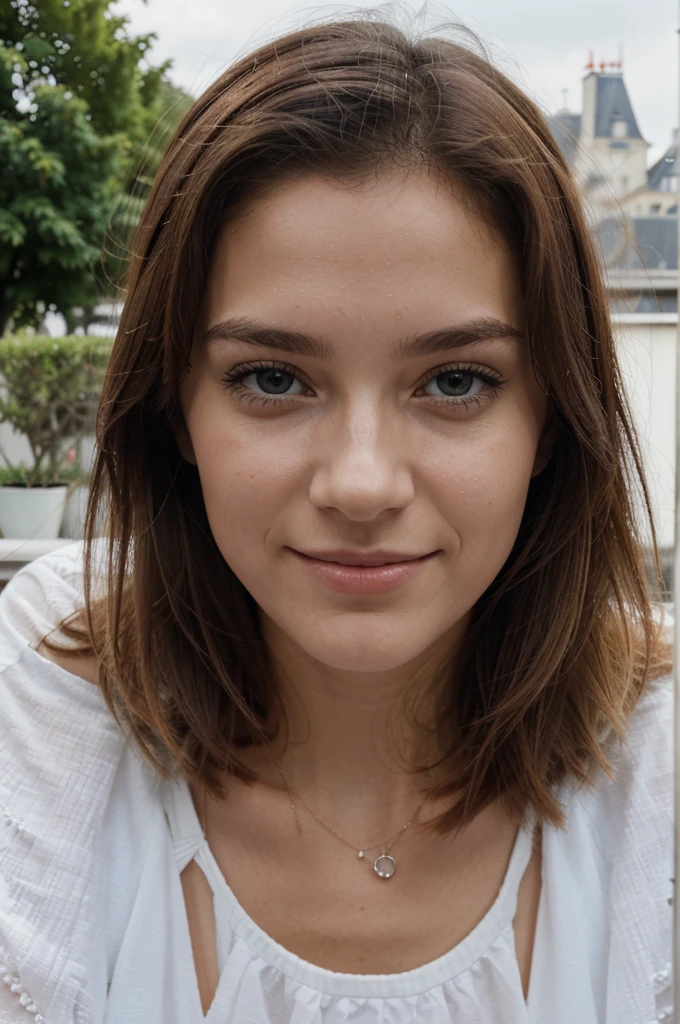 Photographie de 1 superbe fille de 23 ans, type brésilien blanc, cheveux bruns longs ,à paris sur une terrasse, Portrait photographique, Souriant, Regarder à huis clos , Éclairage spectaculaire, magnifique, (clivage profond), Séance photo, occidental, meilleur qualité, résolution élevée, Contexte extrêmement détaillé, peau avec pores, éclairage cinématographique Terminé
