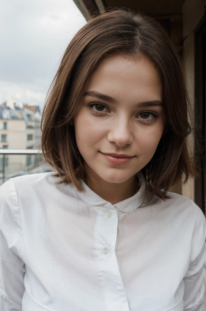 Photographie de 1 superbe fille de 23 ans, type brésilien blanc, cheveux bruns longs ,à paris sur une terrasse, Portrait photographique, Souriant, Regarder à huis clos , Éclairage spectaculaire, magnifique, (clivage profond), Séance photo, occidental, meilleur qualité, résolution élevée, Contexte extrêmement détaillé, peau avec pores, éclairage cinématographique Terminé