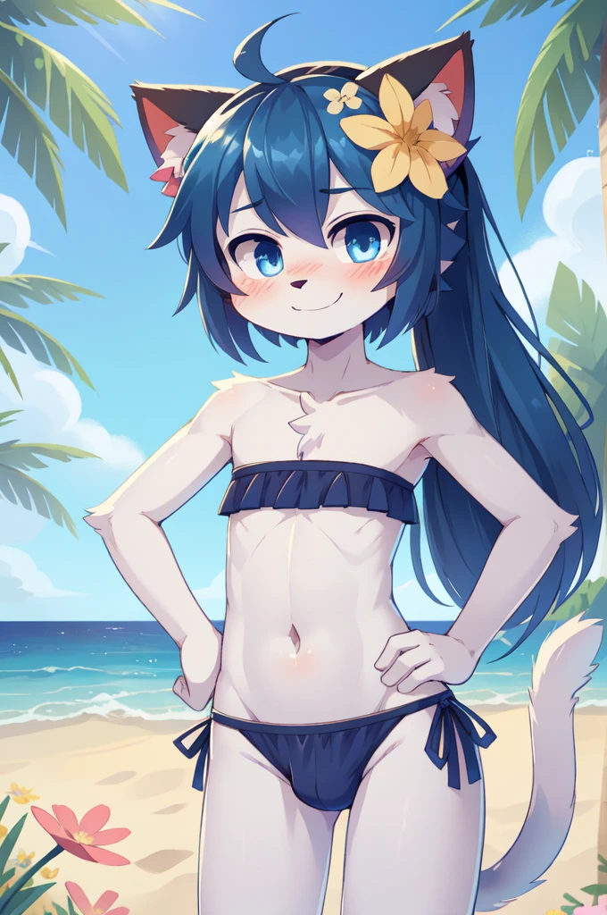 score_9,score_8_up,score_7_up, source_cartoon, source_furry, cat boy, cat tail, dark blue hair, hair over one eye, high long ponytail with volume,spike side hair, furry, blush, looking at viewer, smile, 1boy, cat ears, furry male, white body fur, ((flower on hair, dark blue strapless fringed bandeau bikini)), beach, clear sky, blue eyes, blush, navel, femboy, cute, looking at viewer, skinny, standing, hands on hips, uperbody,