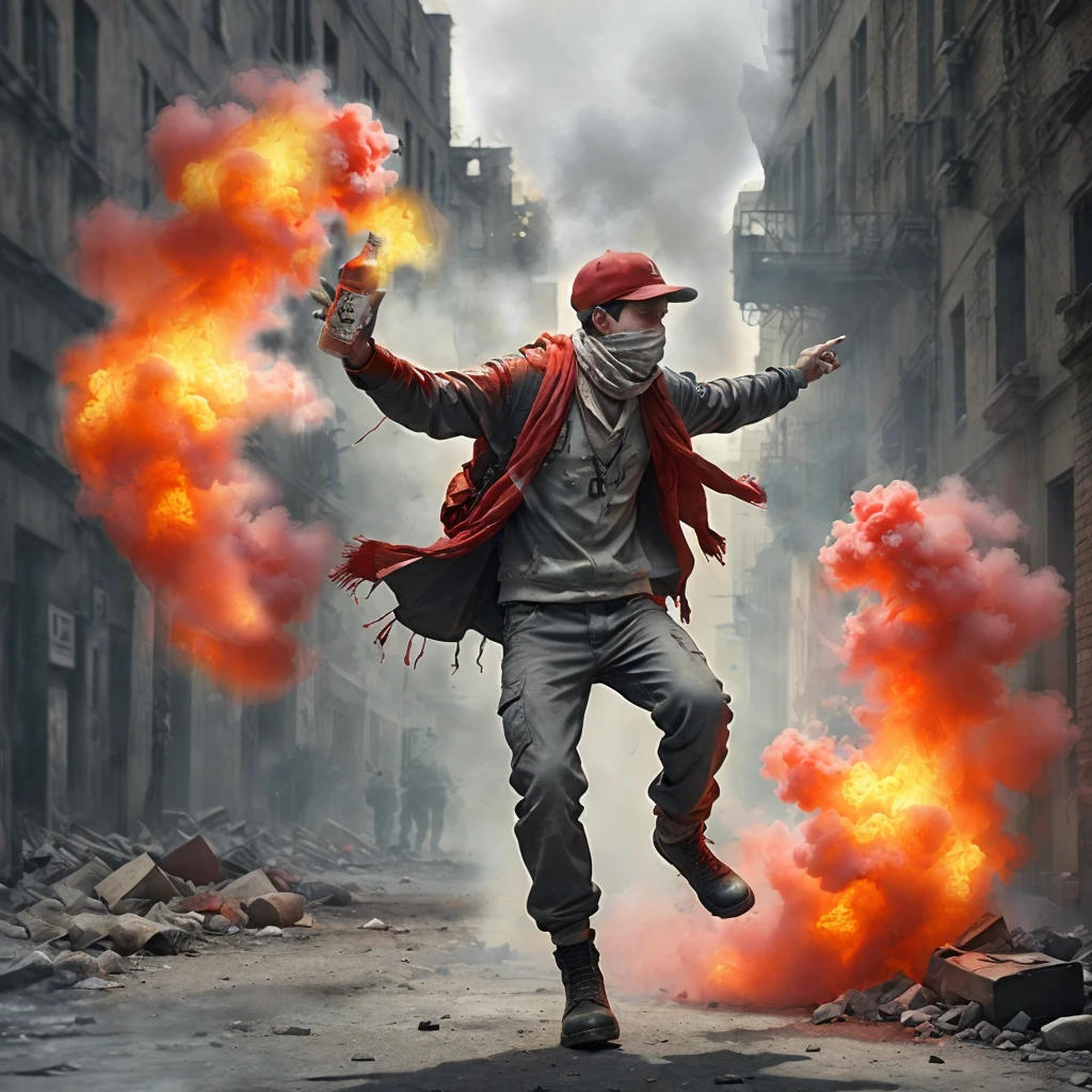 (very sharp result) (dramatic desaturated photo) (((textile shading))), (((Best Quality))), (((masterpiece))), (((hyper realistic photo))) on war situation (dramatic candid photography) contrast backlight shade lighting treatment: (iconic banksy pose) dramatic shade of a boy with cap & & arabian motif scarf cover his face ready to throw a molotov cocktail bomb on riot situation, full smoke, red mood lighting, light source from the molotov fire, shot by hasselblad with medium lens, UHD 4k.