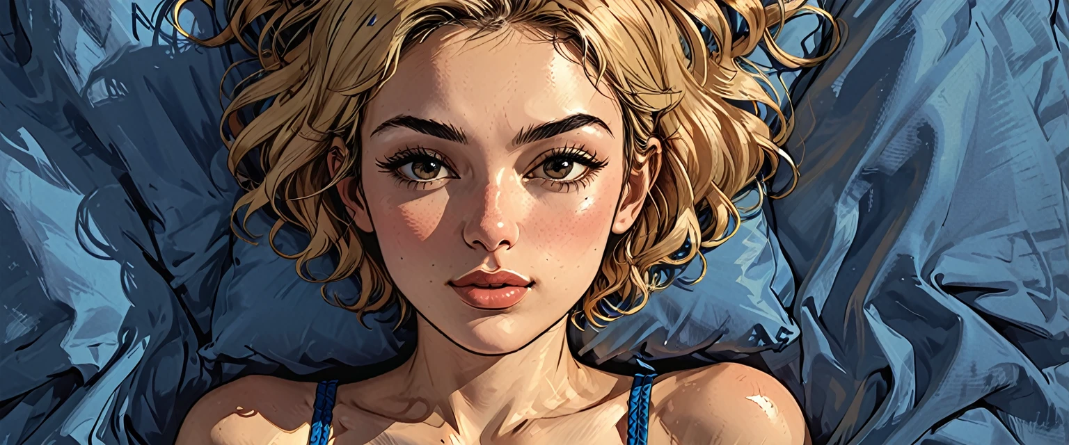 view from above, top view, from above, lying, a (girl in BLUE underwear) lies on a blue double bed, portrait, close-up,
, [Nordic], perfect Olive skin, Oval Face,  Rounded shoulders,  Attached Pointed ears, round forehead, ((Short blonde Waves pixie hair)), snub nose, Arched eyebrows, ((((closed Eyes)))), High Round Narrow cheekbones, Dimpled Cheeks, Rounded Chin, Rounded Jawline, Full nude , Nude Makeook, long eyelashes, 

graphic style of novel comics,dark novel, 2d, 8k, hyperrealism, masterpiece, high resolution, best quality, ultra-detailed, super realistic, Hyperrealistic art, high-quality, ultra high res, highest detailed, lot of details, Extremely high-resolution details, incredibly lifelike, colourful, soft cinematic light,