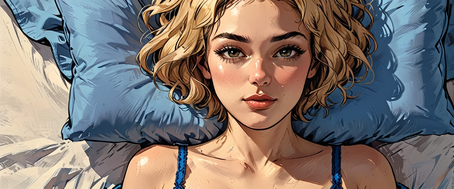 view from above, top view, from above, lying, a (girl in BLUE underwear) lies on a blue double bed, portrait, close-up,
adult, [Nordic], perfect Olive skin, Oval Face,  Rounded shoulders,  Attached Pointed ears, round forehead, ((Short blonde Waves pixie hair)), snub nose, Arched eyebrows, ((((closed Eyes)))), High Round Narrow cheekbones, Dimpled Cheeks, Rounded Chin, Rounded Jawline, Full nude Lips, Nude Makeup Look, long eyelashes, 

graphic style of novel comics,dark novel, 2d, 8k, hyperrealism, masterpiece, high resolution, best quality, ultra-detailed, super realistic, Hyperrealistic art, high-quality, ultra high res, highest detailed, lot of details, Extremely high-resolution details, incredibly lifelike, colourful, soft cinematic light,