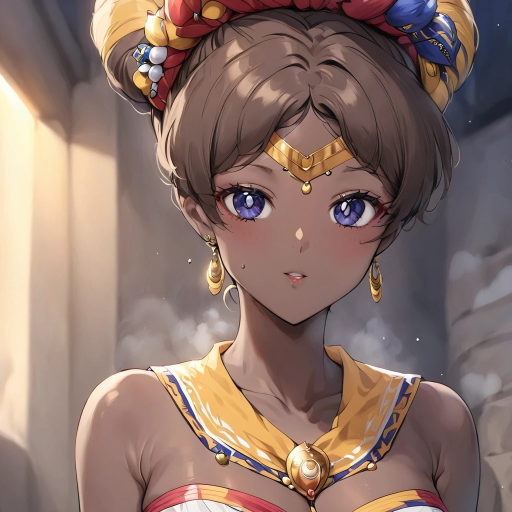 ((Highest quality)), ((masterpiece)), (detailed), (Perfect Face)、The woman is a Ghanaian born Tsukino Usagi with a vivid dark skin, black by birth, and is wearing a colorful Ghanaian dress from a Ghanaian village, a colorful turban head scarf, gorgeous jeweled accessories, and an engagement ring.、The woman is the elegant Tsukino Usagi, with her short black afro hair tied up in a Ghana braid, wearing a colorful Ghanaian dress and a colorful turban head scarf, with vibrant dark brown skin, a natural-born black person, and a natural-born Ghanaian, Tsukino Usagi.、(The woman is a black Ghanaian with vivid dark brown skin.)、The woman is getting married to an elder man who is the village chief in Ghana.
