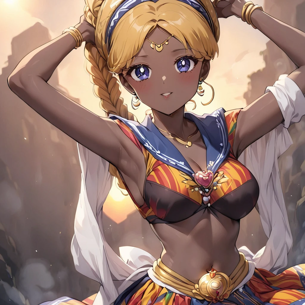 ((Highest quality)), ((masterpiece)), (detailed), (Perfect Face)、The woman is a Ghanaian born Tsukino Usagi with a vivid dark skin, black by birth, and is wearing a colorful Ghanaian dress from a Ghanaian village, a colorful turban head scarf, gorgeous jeweled accessories, and an engagement ring.、The woman is the elegant Tsukino Usagi, with her short black afro hair tied up in a Ghana braid, wearing a colorful Ghanaian dress and a colorful turban head scarf, with vibrant dark brown skin, a natural-born black person, and a natural-born Ghanaian, Tsukino Usagi.、(The woman is a black Ghanaian with vivid dark brown skin.)、The woman is getting married to an elder man who is the village chief in Ghana.