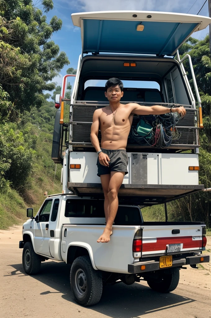 A Thai man drives an SR 400 tow truck to go to the beach. The man is tall, white, and has a wire harness.