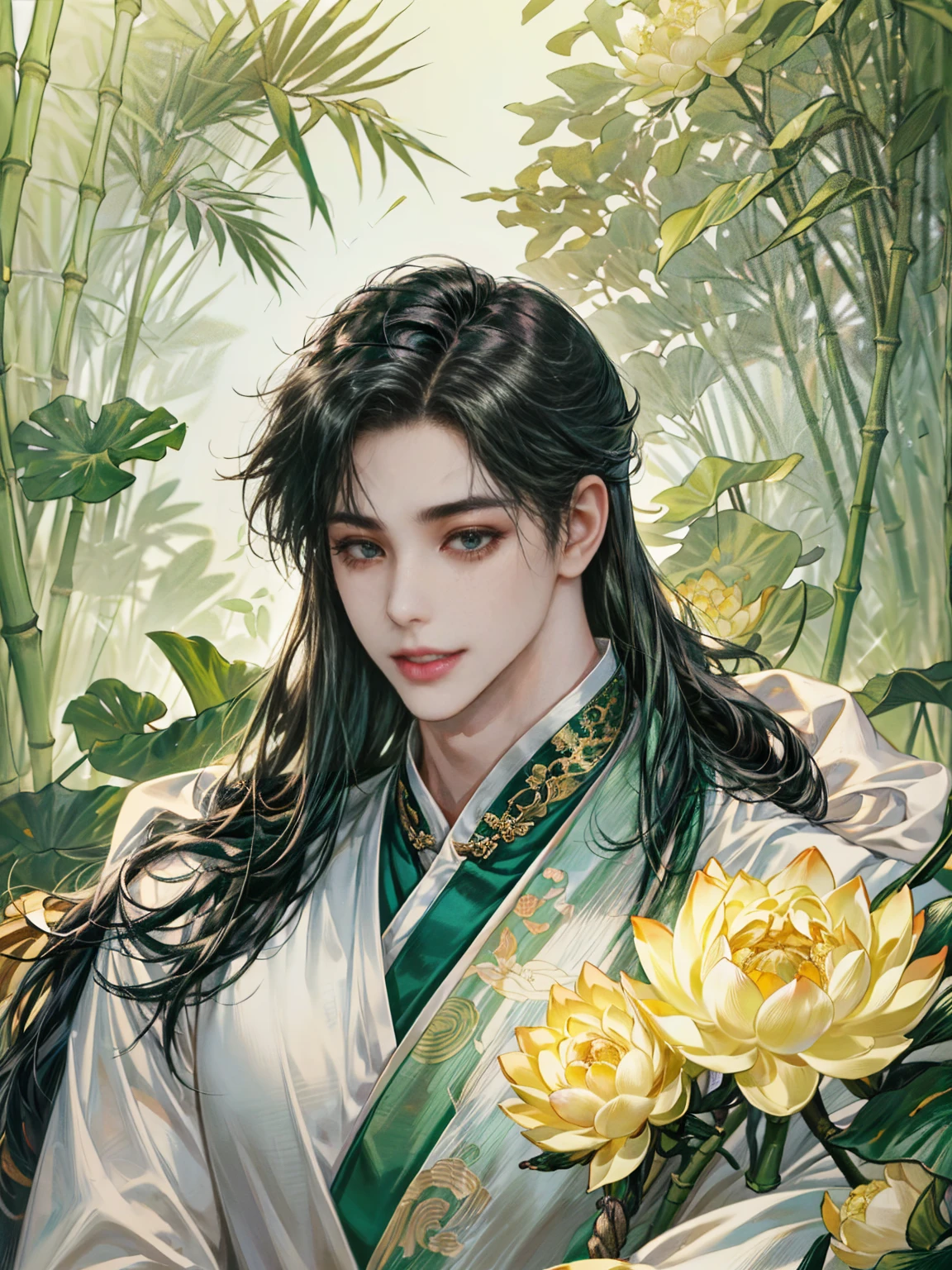 (((best quality))),masterpiece,ultra high resolution,extraordinarily beautiful youth, a bright, innocent smile,All green clothing,(absurdres, highres, ultra detailed, HDR), masterpiece, best quality, (1 boy) ,(((1 male,1 men,only one boy,perfect body, fair skin,sexy boy))),((boy 20 year old, green hanfu,green clothing, Chinese shirt style)) ,boy character ,((Thick black long hair)),beautiful face,detailed interior, detailed character,((man)),(in bamboo forest), black hair, smile,(white lotus),from anime The Scum Villain's Self Saving System,1man,the house of ancient China style, pure white lotus,beautiful and cute man ,(long black hair),black eyes,((solo man)),(he has a Big eyes, charming lips, slim nose and small face),(slim figures and no muscle),fragile body,Beautiful slender hands,Beautiful fingers 
