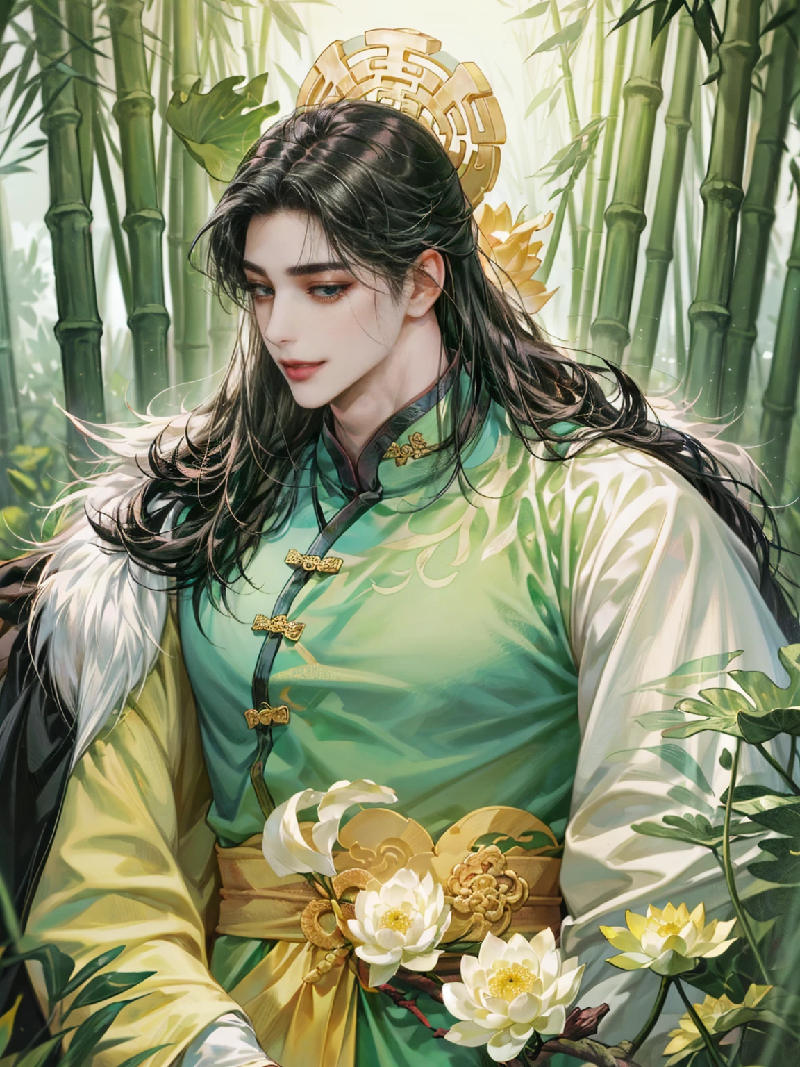 (((best quality))),masterpiece,ultra high resolution,extraordinarily beautiful youth, a bright, innocent smile,All green clothing,(absurdres, highres, ultra detailed, HDR), masterpiece, best quality, (1 boy) ,(((1 male,1 men,only one boy,perfect body, fair skin,sexy boy))),((boy 20 year old, green hanfu,green clothing, Chinese shirt style)) ,boy character ,((Thick black long hair)),beautiful face,detailed interior, detailed character,((man)),(in bamboo forest), black hair, smile,(white lotus),from anime The Scum Villain's Self Saving System,1man,the house of ancient China style, pure white lotus,beautiful and cute man ,(long black hair),black eyes,((solo man)),(he has a Big eyes, charming lips, slim nose and small face),(slim figures and no muscle),fragile body,Beautiful slender hands,Beautiful fingers 