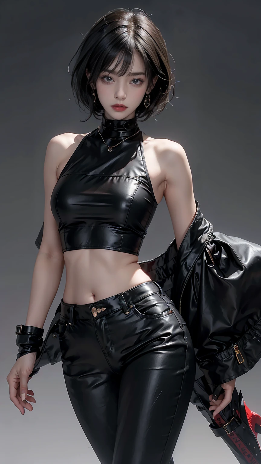 Highest quality、masterpiece、8K、Realistic、超High resolution、Very delicate and beautiful、High resolution、Muscle Girl、Dragon Girl、Perfect female body、Beautiful woman、 Woman、Short black hair、Heavy makeup、Toned body、Large BreastPack、I can see your belly、Tank top、Black leather pants、boots、Wild Pose、Full body emphasis、Simple Background