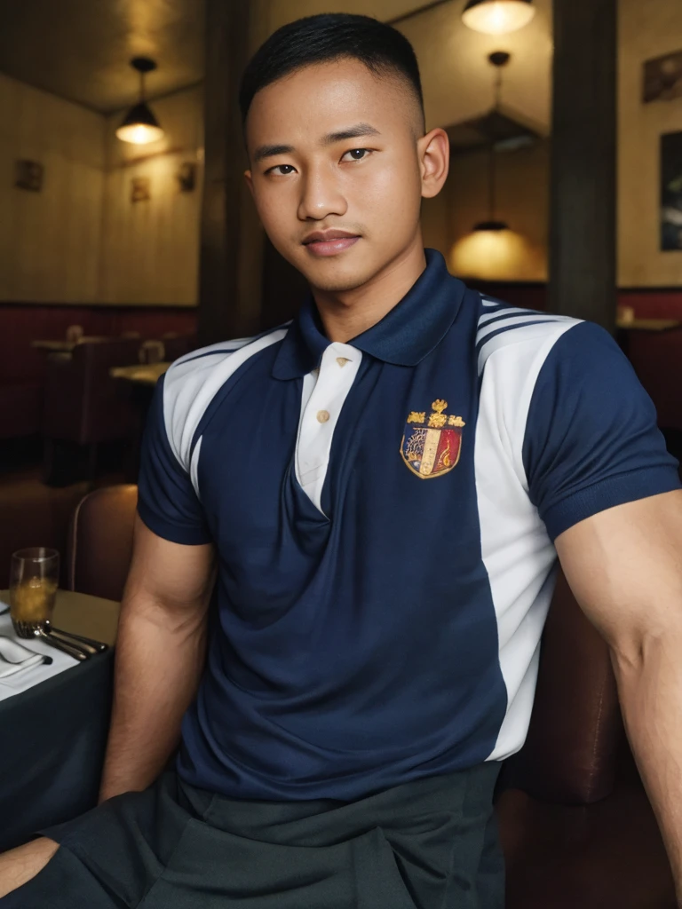 Masterpiece, best quality High resolution, realistic, handsome, beautifully photographed, syahnk SFW, 35 year old portrait. (man: 1.2) Military press, amazing weight, short buzzcut hair, stubby head. , (too much muscle ),look at the viewer,Flirting with the camera,charming,(Tight polo shirt ),(GS-Masculine:1), 8K  UHD , Restaurant