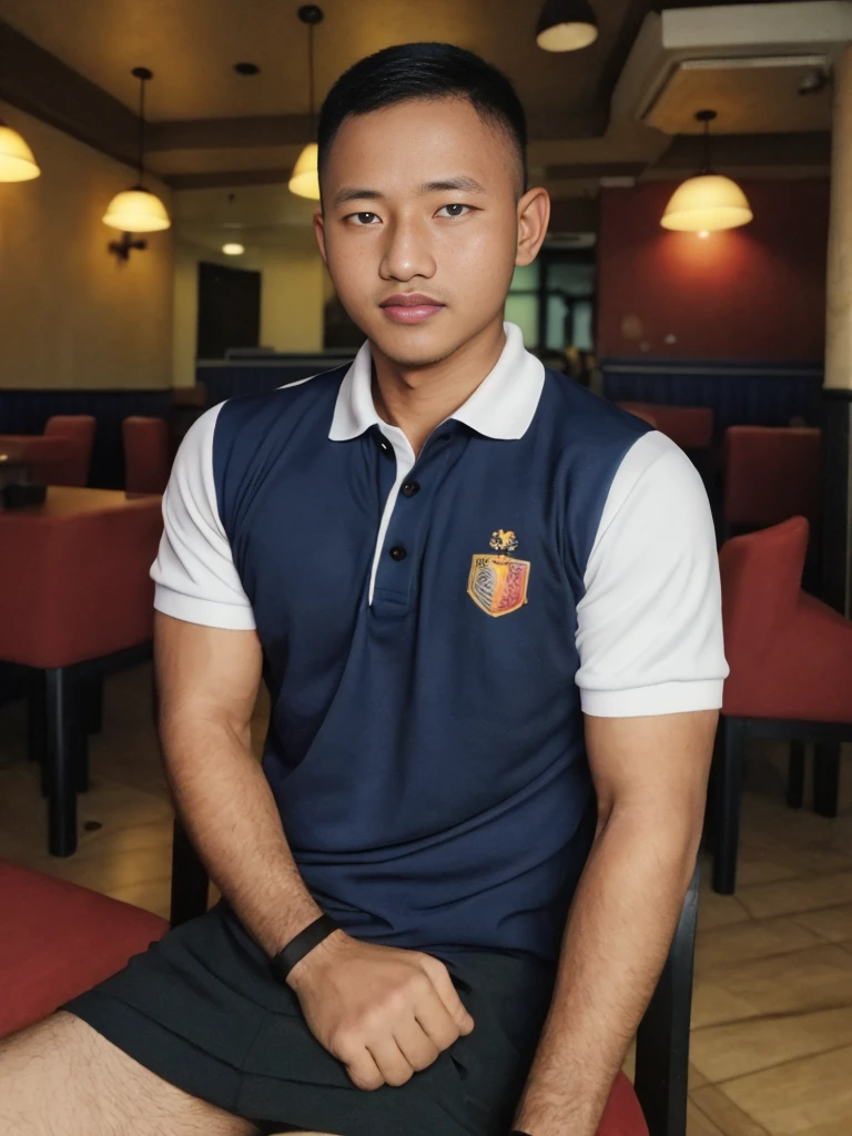 Masterpiece, best quality High resolution, realistic, handsome, beautifully photographed, syahnk SFW, 35 year old portrait. (man: 1.2) Military press, amazing weight, short buzzcut hair, stubby head. , (too much muscle ),look at the viewer,Flirting with the camera,charming,(Tight polo shirt ),(GS-Masculine:1), 8K  UHD , Restaurant
