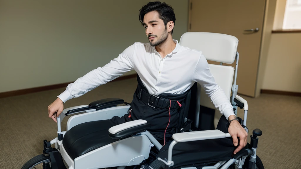 A handsome 30-year-old boy with spinal cord injury and quadriplegia. He was breathing with the aid of a ventilator. His upper body was fixed on the backrest of the wheelchair with a restraint belt and was sitting in an electric wheelchair