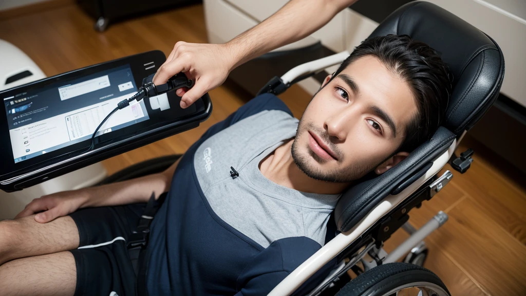 A handsome 30-year-old boy with spinal cord injury and quadriplegia. He was breathing with the aid of a ventilator. His upper body was fixed on the backrest of the wheelchair with a restraint belt and was sitting in an electric wheelchair