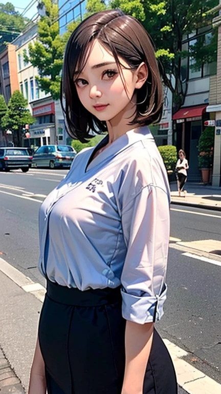 1 Woman, Japanese Woman,(Housewife:1.5),(40 Years Old:1.68),(Attractive Mature Woman:1.66),(Middle Age:1.78),(Small Round Face:1,69),(small breasts:1.5),((graduated haircut)),(cutter shirts,skirt),(((Cities, streets, trees, sidewalks)))