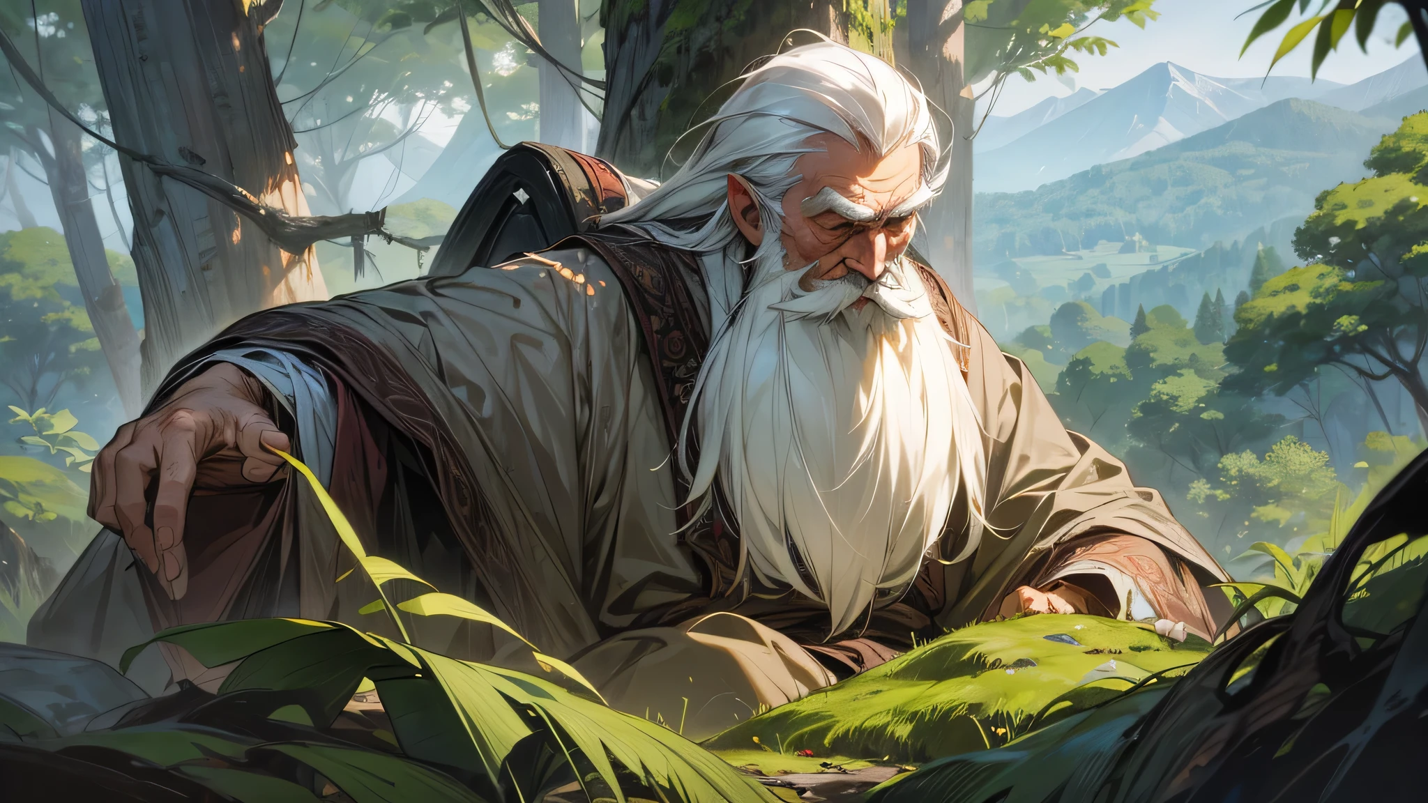 alone old grandfather, lives in forests, mountains, white hair and beard, berpakaian putih