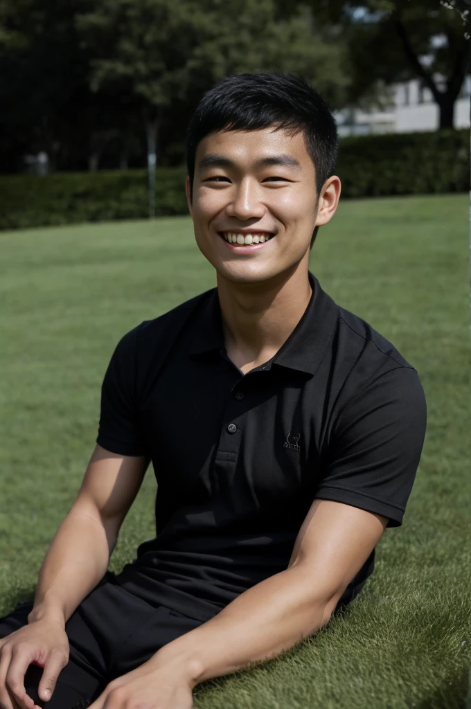 young asian man in a black polo shirt sitting on the grass with a smiling face, looking into the distance Turn your head slightly.,library
