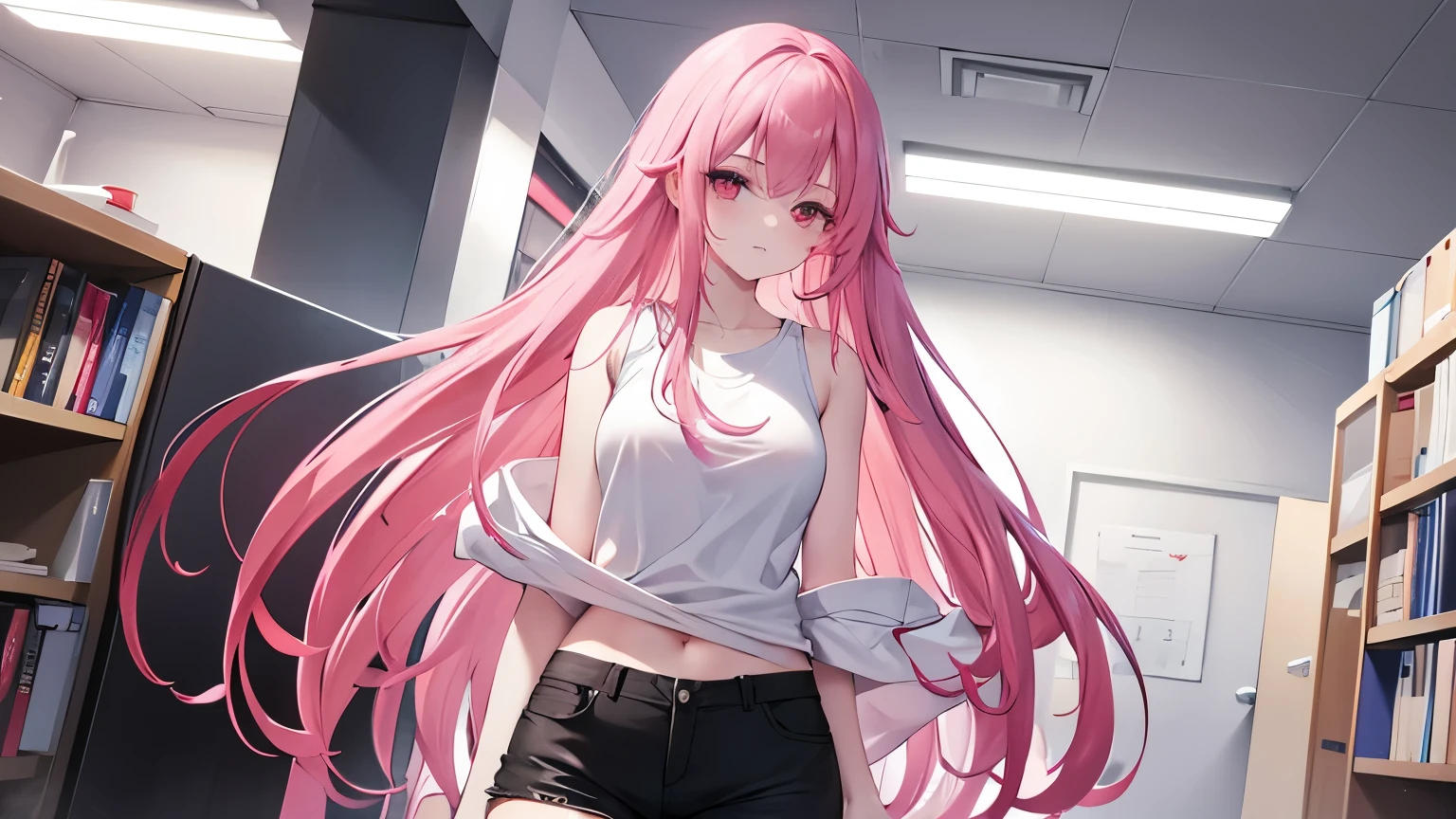 18 year old girl, long pink hair loose to the waist, Red eyes, He wears a white t-shirt without logos, sleeveless and tight short black pants. (greet kindly)(the environment is an office)